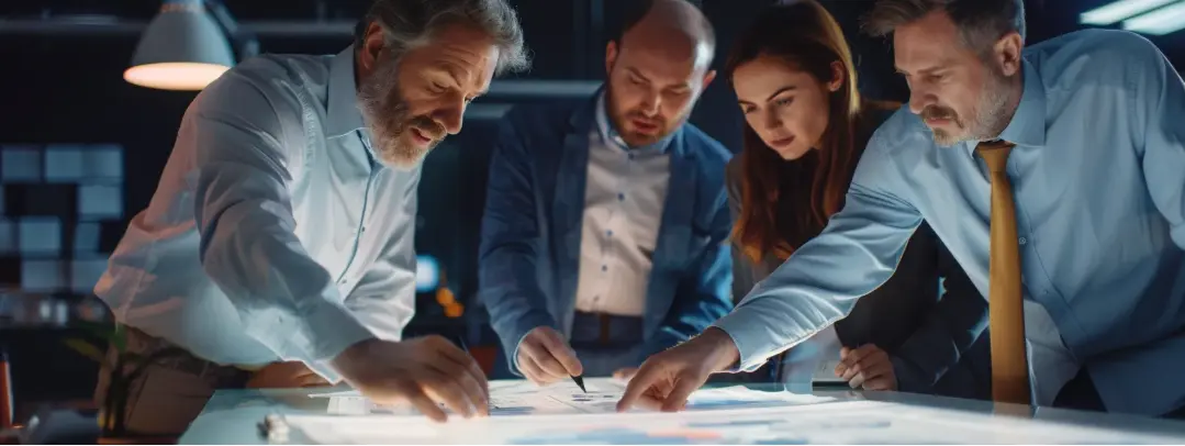 A diverse group of individuals engaged in a discussion while observing a computer screen about how to use deal management strategies.